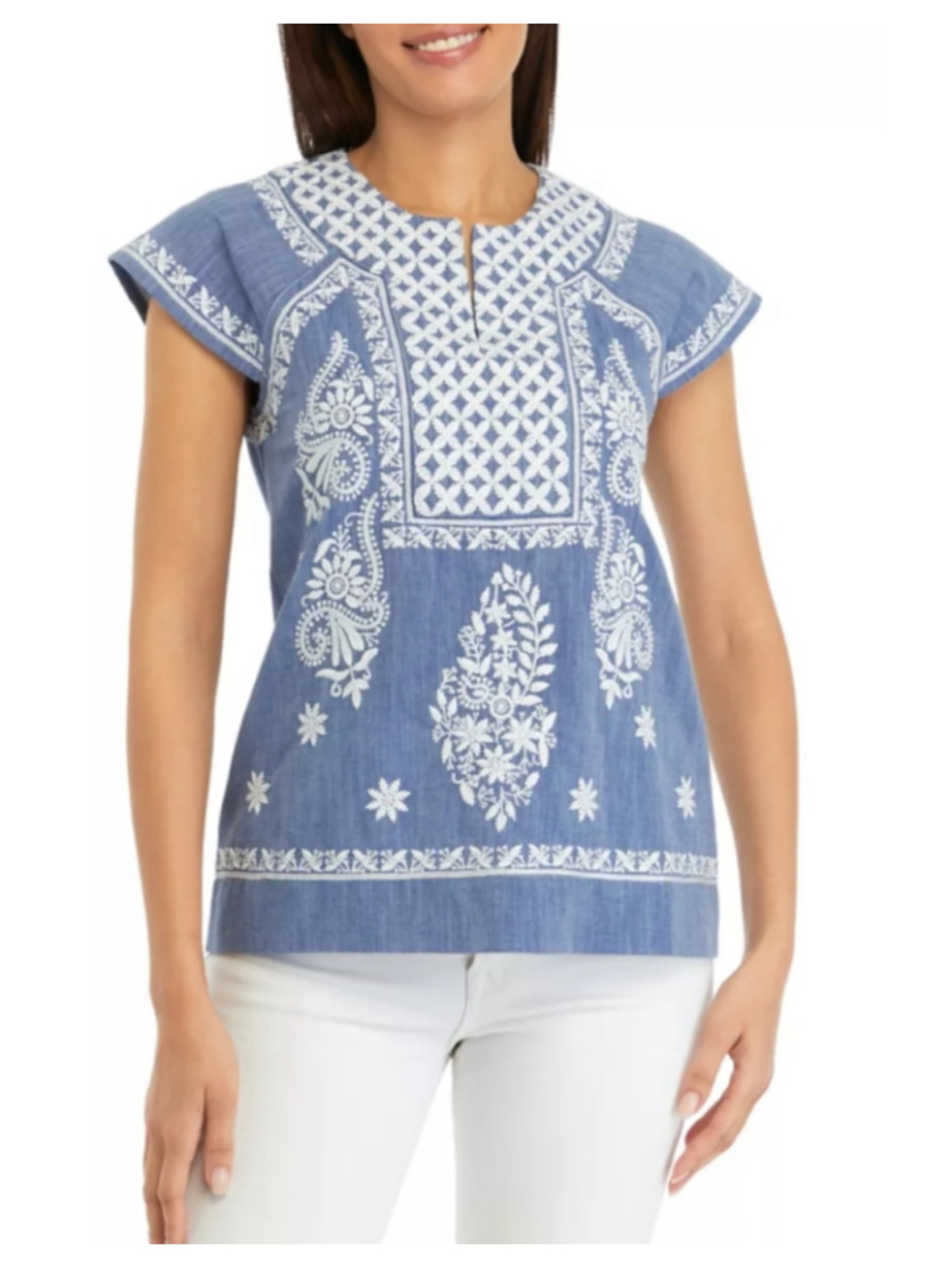 Philosophy by Republic Split Neck Embroidered Chambray Blue Top L